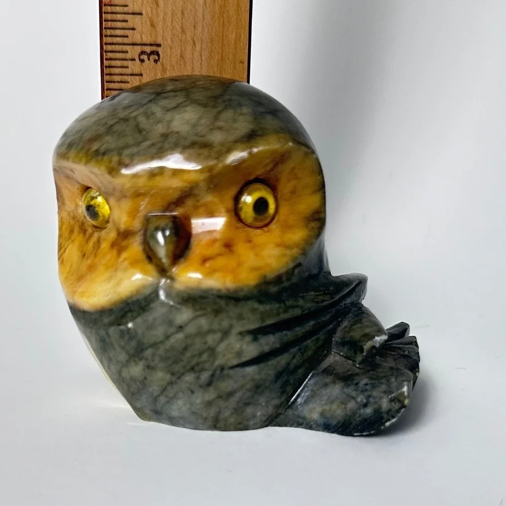 Vintage Italian Alabaster Owl Figurine Glass Eyes Hand Carved Stone Italy